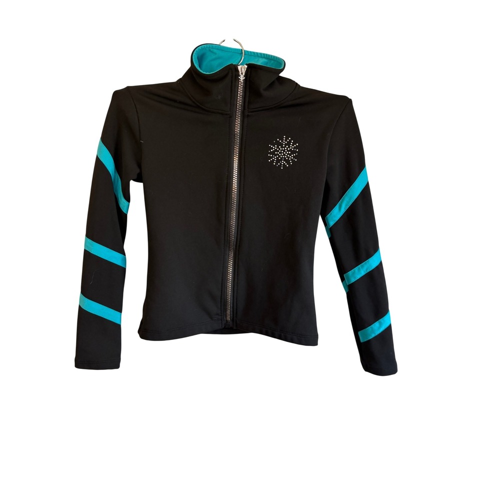 LIUHUO Kids Figure Skating Jacket Black Teal Rhinestone Skater Size 120